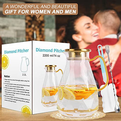 Glass Pitcher, 2.2 Liter Water Pitcher With Lid | Iced Tea Pitcher for Fridge,Carafe With Lid, Glass Water Jug For Juice, Milk, Cold Or Hot Beverages, 2 Quart - size: 74.4 Ounces