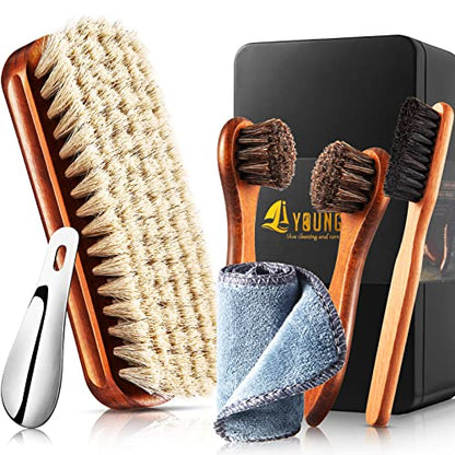 6 Pcs Horsehair Shoe Brush Kit Polishing Daubers Applicators Leather Care Brushes Shine Cleaning Cloth with Case(Shoe Brush Set A) - style: Shoe Brush Set A