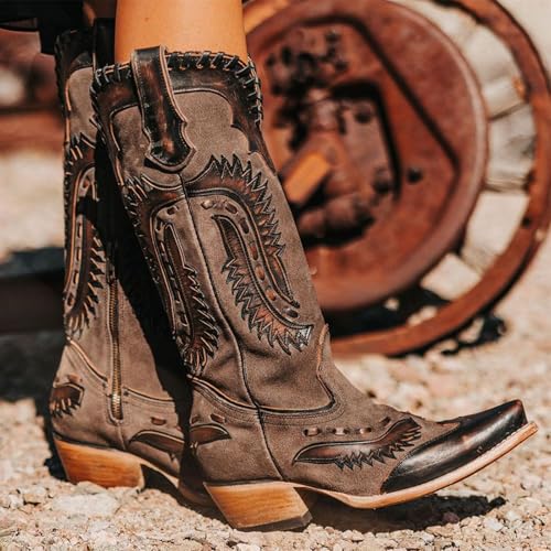 Yishaweiqi Embroidered Cowboy Boots for Women Mid Calf Cowgirl Boots Side Zipper Chunky Heel Snip Toe Knee High Western Boots - color: Dark Brown, size: 5
