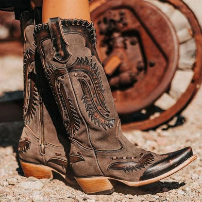 Yishaweiqi Embroidered Cowboy Boots for Women Mid Calf Cowgirl Boots Side Zipper Chunky Heel Snip Toe Knee High Western Boots - color: Dark Brown, size: 5