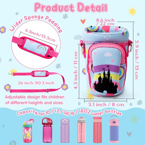 Water Bottle Carrier Bag with Strap for Kids - Water Bottle Bag Holder with Padded Strap Pocket 10/12/14/16/18Oz for Boys Girls School Walking Hiking Camping - style: Castle Girl