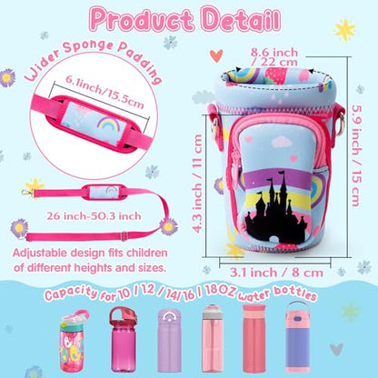 Water Bottle Carrier Bag with Strap for Kids - Water Bottle Bag Holder with Padded Strap Pocket 10/12/14/16/18Oz for Boys Girls School Walking Hiking Camping - style: Castle Girl