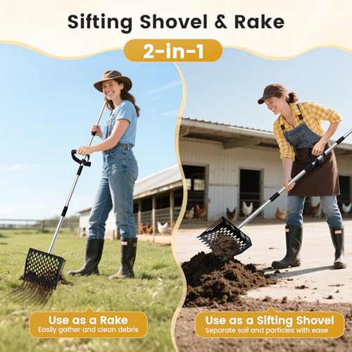 Chicken Poop Scooper and Rake, 2-in-1 Metal Sand Sifting Shovel with 24-68 Inch Adjustable Stainless Steel Handle, Cleaning Tools for Outdoor Chicken Coops, Farm Animals House