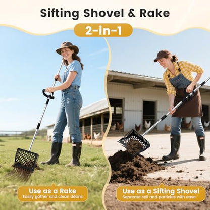 Chicken Poop Scooper and Rake, 2-in-1 Metal Sand Sifting Shovel with 24-68 Inch Adjustable Stainless Steel Handle, Cleaning Tools for Outdoor Chicken Coops, Farm Animals House