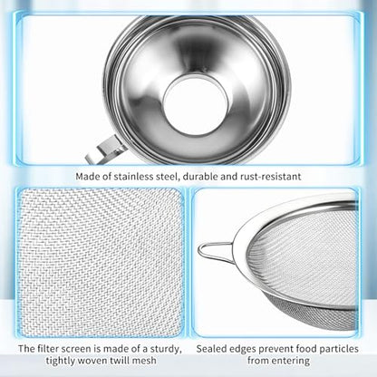 4 Pieces Stainless Steel Funnels with Fine Mesh Strainer