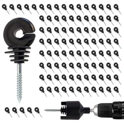 100 pcs Electric Fence Insulator, Black Self-Tapping Insulator, Fence Ring Post Screw-in Wood Post Insulator, with 1 pc Insulator Socket Tool (Fit for Electric Drill) - size: 100 pcs