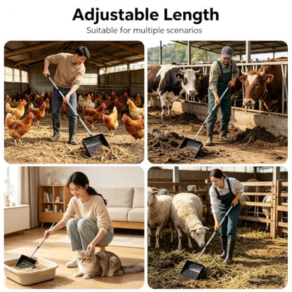2-in-1 Chicken Poop Scooper & Rake, Telescopic Stainless Steel Handle, Multifunctional Chicken Coop Cleaner for Sand, Bedding and Manure Cleaning