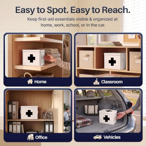 Flexzion Large Metal First Aid Box Empty, 8.5-Inch, White with Black Cross - color: White - Black Cross, size: 8.5 Inch without Latch Lock