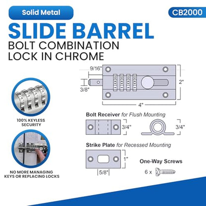 CB2000-CHR 4-Dial Combination Sliding Bolt Latch with Chrome Finish - color: Chrome