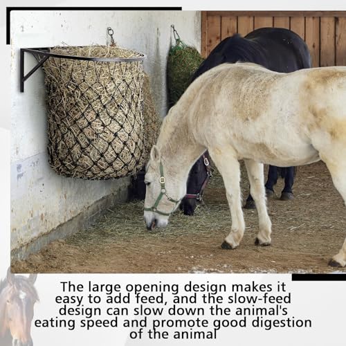 Yaocom 1 Set Wall Mount Hay Feeder with Net Large Capacity Black Metal Frame with Slow Feed Hay Net Open-top for Horses Goats