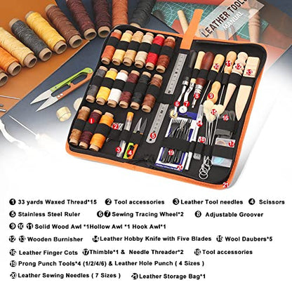 BUTUZE Leather Working Tools, Practical Leather Craft Kit with Waxed Thread Groover Awl Stitching Punch Hole for Leathercraft Beginner or Adults Gifts - size: 66 Pcs