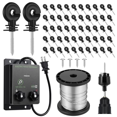 MorningRo 2-Mile 5000V 0.1Joule Electric Fence for Preventing Animals Intruding, 50 Black Fence Insulator and 1 Socket Tool, 250ft Aluminum Wire for Electric Fencing Grid System Accessories - size: 76M