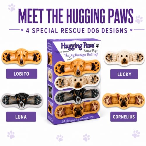 Hugging Paws Bandages from Hug-a-BooBoo, Adorable Dog Bandages that Hug! Fun Novelty Wound Wraps Feature Paintings of Actual Rescue Dogs! Great Dog Lover Gift! French Bulldog, Poodle, Lab, Mix 24 Ct - size: 24ct, style: Dogs