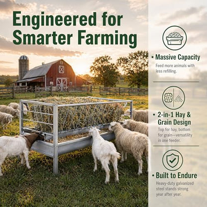 98 Gallon Livestock Feeder, Galvanized Goat Hay and Grain Feeder for Farm