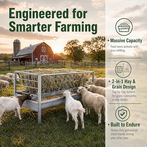 98 Gallon Goat Feeder, 2-in-1 Hay and Grain Livestock Feeder for Pasture