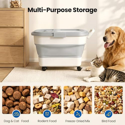 Dog Food Storage Container 15-25lbs, Airtight Pet Food Bin with Locking Lid & Clear Window, Collapsible Rolling Storage Container with Wheels & Scoop, Gray - color: Gray-M