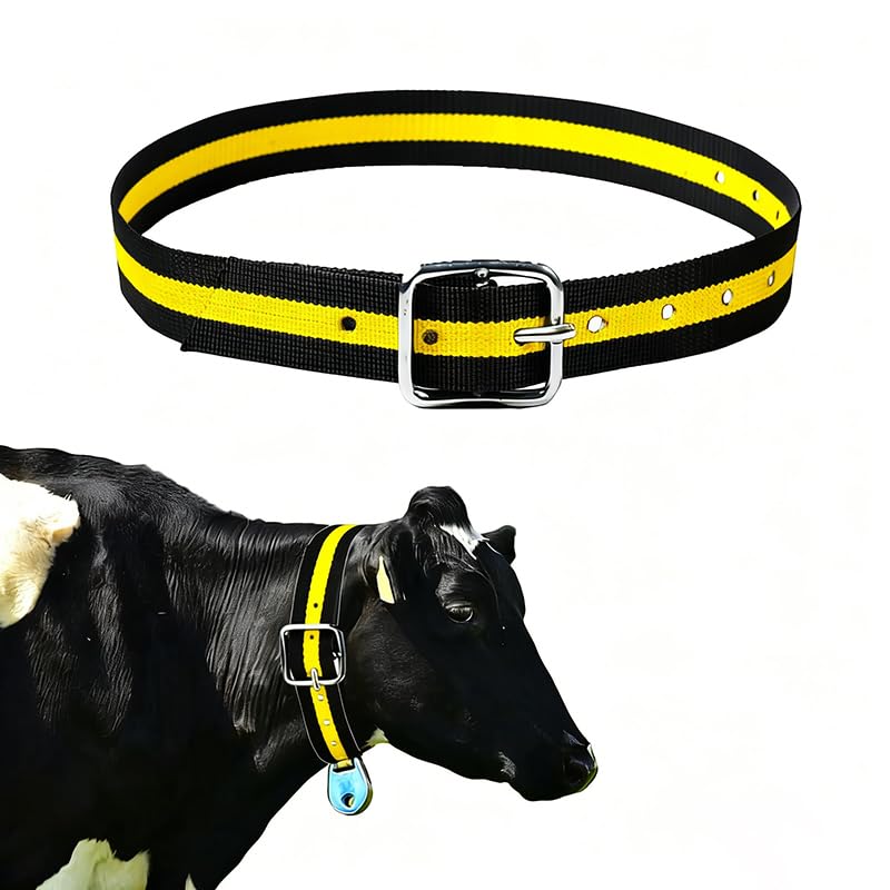Heavy Duty Cow Collar Adjustable Livestock Neck Strap for Cattle, Horses & Sheep, High-Strength Polyester Ranch Collar with Metal D-Ring, 1.8 Ton Tensile Strength, Yellow