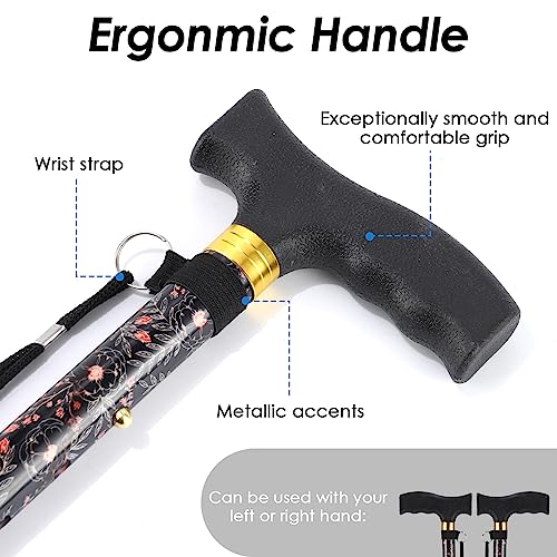 Walking Cane PANZHENG Cane for Man/Woman | Mobility & Daily Living Aids | 5-Level Height Adjustable Walking Stick | Comfortable Plastic T-Handle Portable Walking Stick Folding Cane - color: balck flower