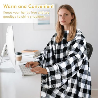 Catalonia Wearable Blanket with Sleeves & Foot Pocket for Adults - color: Plaid White, size: Fleece