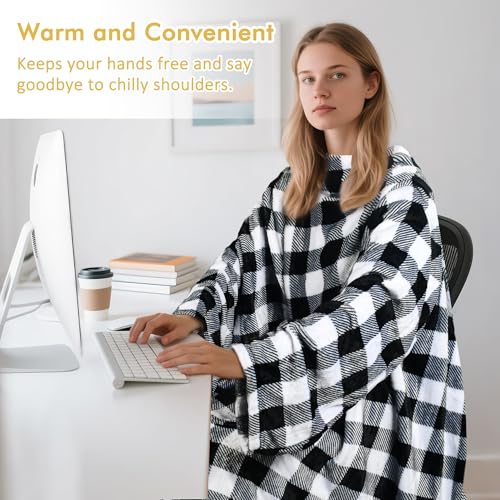 Catalonia Wearable Blanket with Sleeves for Women & Men, Fleece Wrap Throw - color: Plaid White