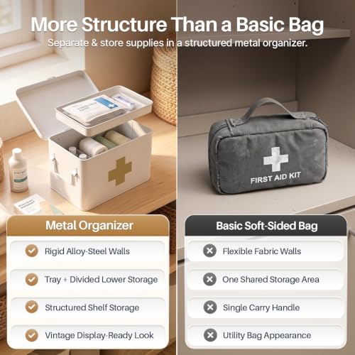 Flexzion Large Metal First Aid Box Empty, 8.5-Inch, White with Gold Cross - color: White - Gold Cross, size: 8.5 Inch without Latch Lock