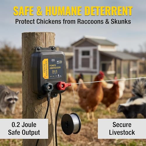 Electric Fence Charger 5 Mile / 20 Acre Range AC Powered 120V with 0.2 Joule Output Includes 250 Ft 17 Gauge Aluminum Wire & 4 Anti-Rust Screws for Raccoons, Skunks, Squirrels & Livestock Protection - color: 0.20 Joule With accessories