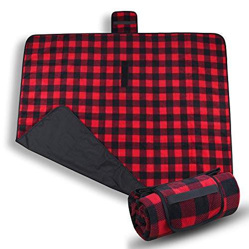 Tirrinia Waterproof Outdoor Blanket with Sherpa Lining, Windproof Foldable - color: Red Plaid - No Sherpa (Fleece Only), size: 51” x 59”