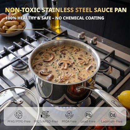 Ciwete 3 Qt Stainless Steel Saucepan with Glass Strainer Lid, 3 Quart Pot Stainless Steel Sauce Pan with Pour Spout, Mirror Polishing, Compatible with All Cooktops Dishwasher Safe Oven Safe - size: 3 Quart (With Glass Strainer Lid)