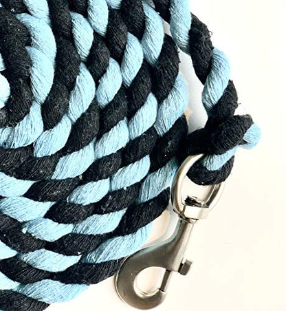 Majestic Ally Pack of 2 Solid Cotton Lead Rope for Horses & Livestock – 10 Foot Long and 5/8 inch Thick - Replaceable Heavy-Duty Satin Bolt Snap – Handmade – Soft, Broken in Feel (Sky Blue - Black) - color: Sky Blue - Black