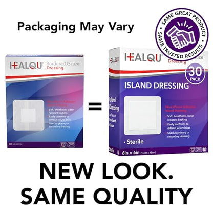 HEALQU Island Dressing - 6"x6", 30 Count - Bordered Gauze Sterile Individually Wrapped Gauze Pads, Water-Resistant, Non-Woven Backing - Soft and Breathable Wound Dressing for First Aid and Medical - size: 6x6" (30 Pack)