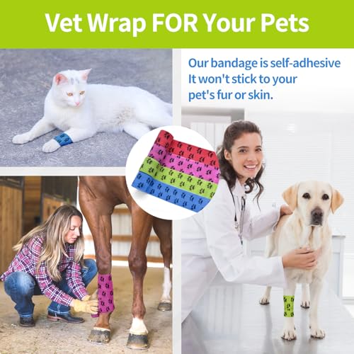 6 Roll 2 Inch x 5 Yards Paw Print Pet Vet Wrap for Dogs Cats, Cohesive Bandages in Bulk, Colorful Non-Woven Self Adhesive Bandages Wrap Roll for Pet Animals Wound Care, Ankle Sprains and Swelling