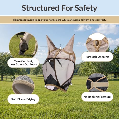 TSZ Fly Free Ride Horse Fly Mask with Ears - UV-Resistant Breathable Mesh