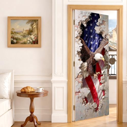Patriotic Bald Eagle Door Mural, 3D Broken Wall Door Cover - color: Colorful2204