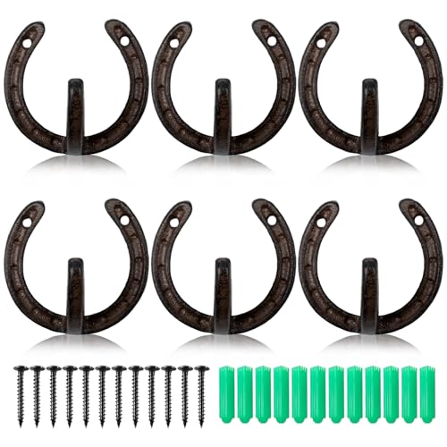 6 Pack Vintage Cast Iron Hooks, Horseshoe Heavy Duty Wall Hooks with Screws, 3.7" Decorative Mounted Hanger Sturdy Hooks for Coat, Hat, Key, Bag, Towel, Interior, Exterior, Rust Proof, Brown