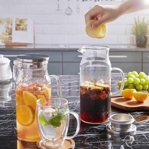 Bivvclaz 2 Pack 1.2 Liter 40 oz Small Glass Pitcher with Lid and Handle, Glass Carafe Water Pitcher for Hot/Cold Water, Iced Tea, Drinks, Coffee, Juice and Homemade Beverage - color: Clear, size: 40 Ounces (2 Pack)