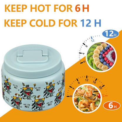 PIQUEBAR 8oz Kids Thermo for Hot Food,Small Lunch Thermo Food Container Stainless Steel,Easy Open Wide Mouth Thermo for Hot Cold Food for Preschool Travel - color: Blue Dinosaur