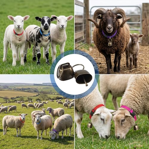 MAQUITA 12 Pack Goat Collars with Bells - Adjustable Nylon Collar Set with Antique Copper Bells for Sheep, Lambs, Small Farm Animals (4 Colors)