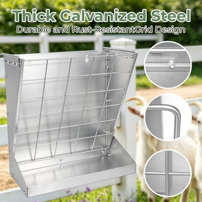 2 in 1 Wall Mount Hay and Grain Feeder, 25 Gallons Livestock Feeder | Galvanized Steel Wall Hay Rack, Hanging Hay Feeder with Mounting Kit for Goats Sheep Horse, Slow Feeder for Goats with Trough