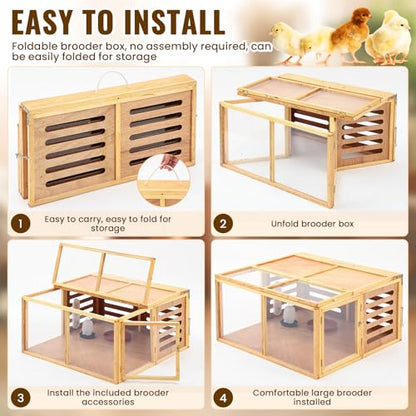 Large Chicken Brooder Box Kits 32x32x16 in Wooden Foldable Chick Brooder Box with Heated Light Thermometer Portable with Handle for up to 70 Chickens, Ducks, Quails, Hamsters, No Assembly