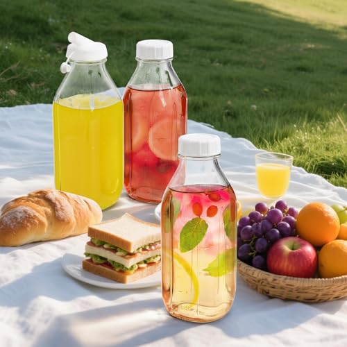 Bekith 6 Pack Liter Glass Milk Bottles with Airtight Screw Lid, 32 Oz Reusable Glass Bottles with Dispenser Cap for Milk, Honey, Jam, Syrup (2 Pour Spout Lids, 2 Lables and 2 Bottle Brushes Included)