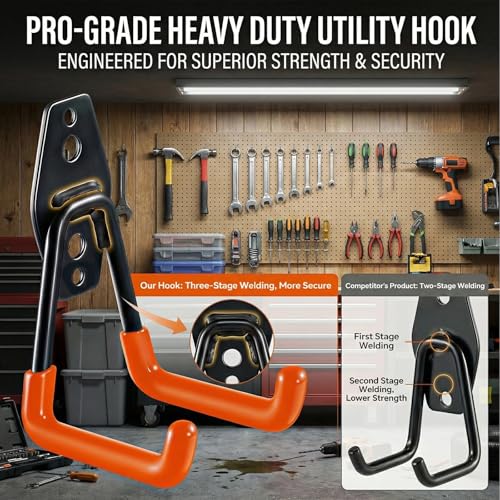 12 Pack Heavy Duty Garage Hooks, Steel Wall Mount Utility Hooks with Anti-Slip Coating, Storage Organizer for Hanging Ladders, Bikes, Power & Garden Tools, Hose, Ropes and Bulk Items-Orange