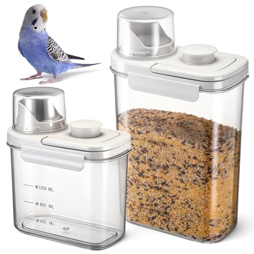 Maxdot 2 Pcs Bird Food Storage Container, Bird Seed Container with Lids Airtight Cup Pet Parrot Food Storage 1.7 Qt & 3 Qt Measuring Containers Easy Pour Spouts for Macaws African Cockatoos (Beige) - color: Beige