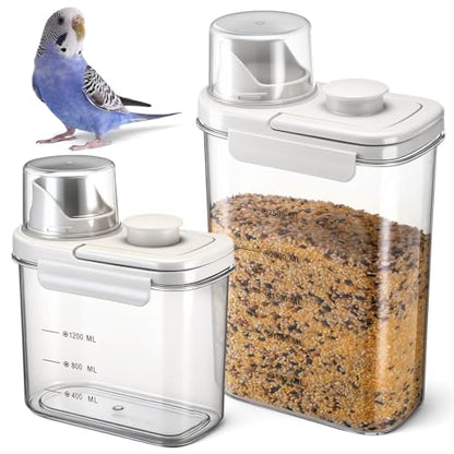 Maxdot 2 Pcs Bird Food Storage Container, Bird Seed Container with Lids Airtight Cup Pet Parrot Food Storage 1.7 Qt & 3 Qt Measuring Containers Easy Pour Spouts for Macaws African Cockatoos (Beige) - color: Beige