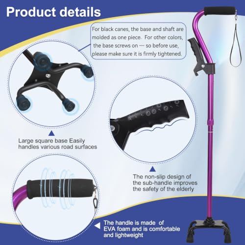 Stand Secure Cane with Stand Up Assist Handle for Elderly, 4 Prong Adjustable Walking Canes for Seniors Women and Men, Non-Slip Wide Base, Aluminum Foldable Stand Cane - color: Purple
