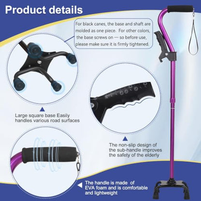 Stand Secure Cane with Stand Up Assist Handle for Elderly, 4 Prong Adjustable Walking Canes for Seniors Women and Men, Non-Slip Wide Base, Aluminum Foldable Stand Cane - color: Purple