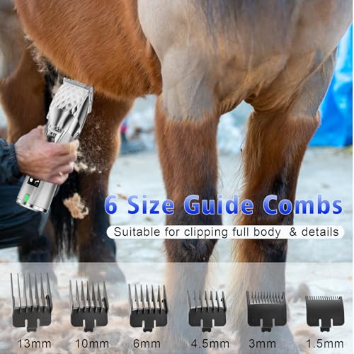 Rechargeable Horses Clippers, Cordless Pet Hair Trimmer Shaver with 6 Guide Guards, 2500mAh Large Battery Capacity Electric Grooming Kit for Livestock Animal Thick Coat, Light Weight 0.8lbs