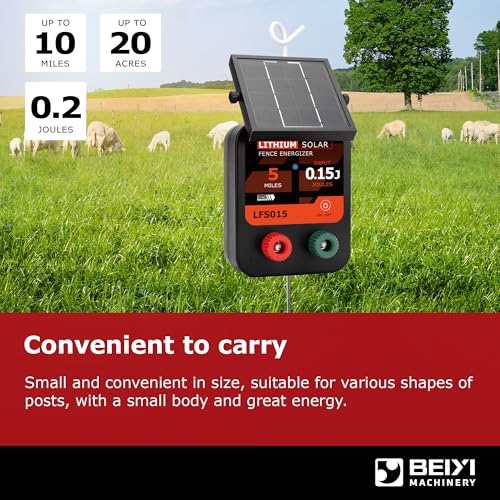 Solar Electric Fence Charger 5 Miles Range 20 Acres 0.15 Joules Energizer | Built-in 3.2V lithium battery & 1.8W solar panel Eco-friendly 0.15J energizer works on cloudy days to secure farms