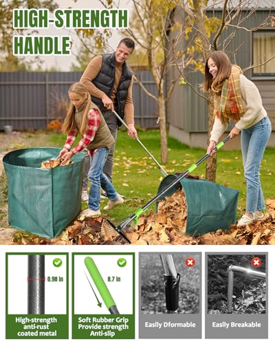 63.4 Inch Adjustable 18 Tines Metal Leaf Rake Set with 40 Gal Dustpan Bags | Adjustable garden rake, Leaf scoop set, Lawn debris collector, Metal tine rake,Outdoor yard tool,Garden shrub & grass sweeper - style: Green Rake Set