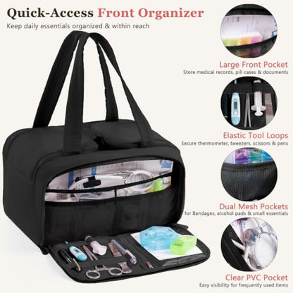 Travel Medicine Storage Bag with 2 Compartments, Wide-Mouth Medical Organizer, Puffy Lightweight First Aid Bag for Prescription Bottles, Pill Cases, Medical Supplies & Family Emergency Essentials - color: Black