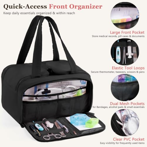 Travel Medicine Storage Bag with 2 Compartments, Wide-Mouth Medical Organizer, Puffy Lightweight First Aid Bag for Prescription Bottles, Pill Cases, Medical Supplies & Family Emergency Essentials - color: Black
